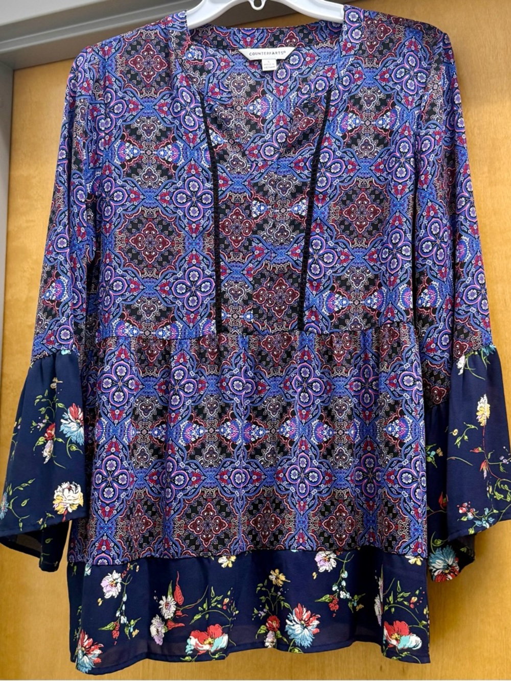 Boho Floral Mixed-Print Navy Women’s Peasant Blouse (L)